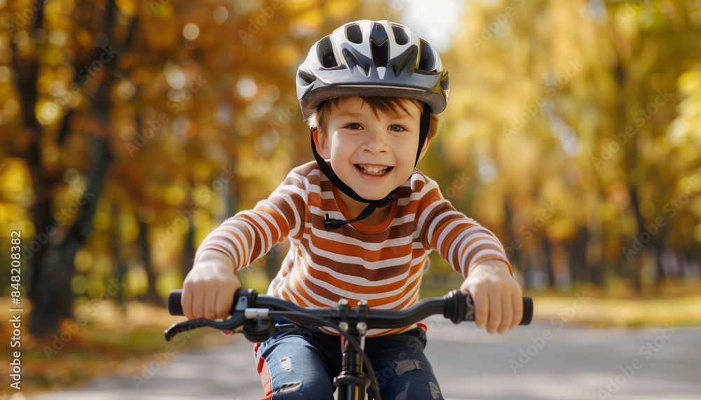 Naklejka premium Little boy riding on a bike