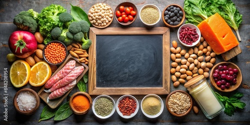 Assorted Vitamin B rich foods displayed on dark surface with chalkboard sign , eggs, nuts, salmon, vegetables photo