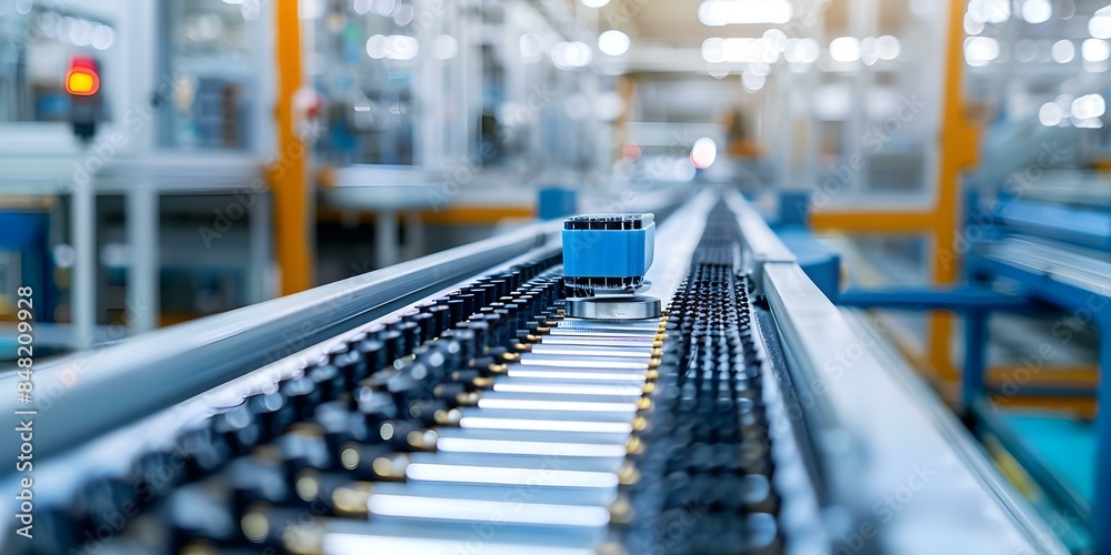 Robotic machines and conveyor belts in lithiumion battery manufacturing facility. Concept Robotic Machines, Conveyor Belts, Lithium-ion Batteries, Manufacturing Facility