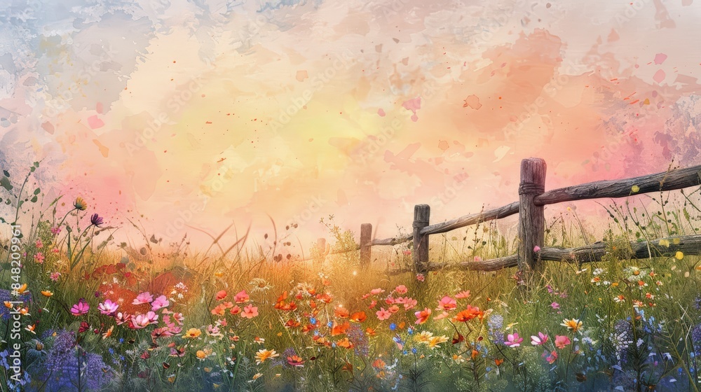 Fototapeta premium Beautiful watercolor painting of a vibrant flower field with a wooden fence at sunset, showcasing a captivating rural landscape.