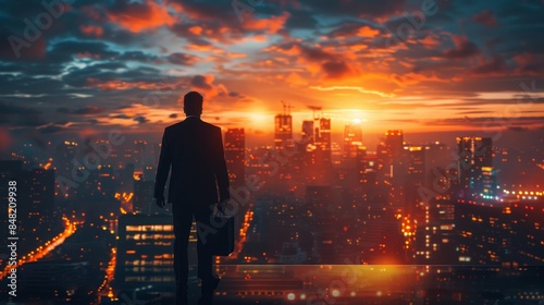 Work-life balance, A businessman stands in a modern office with a briefcase, overlooking a stunning city skyline at sunset, symbolizing ambition and success.