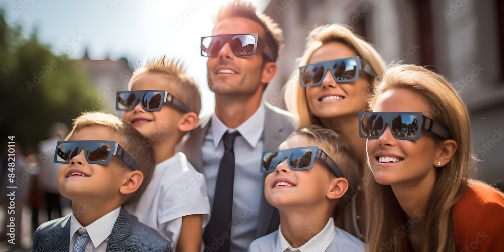 Parents and kids with safety glasses watching solar eclipse together outdoors. Concept Family Bonding, Solar Eclipse Viewing, Outdoor Activities