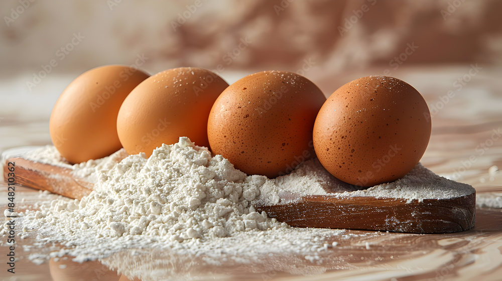 Fresh Brown Eggs and Flour on Wooden Board - Rustic Baking Ingredients for Homemade Recipes, Close-Up Fresh Brown Eggs and Flour on Wooden Board - Rustic Baking Ingredients for Homemade Recipes, Close-Up
