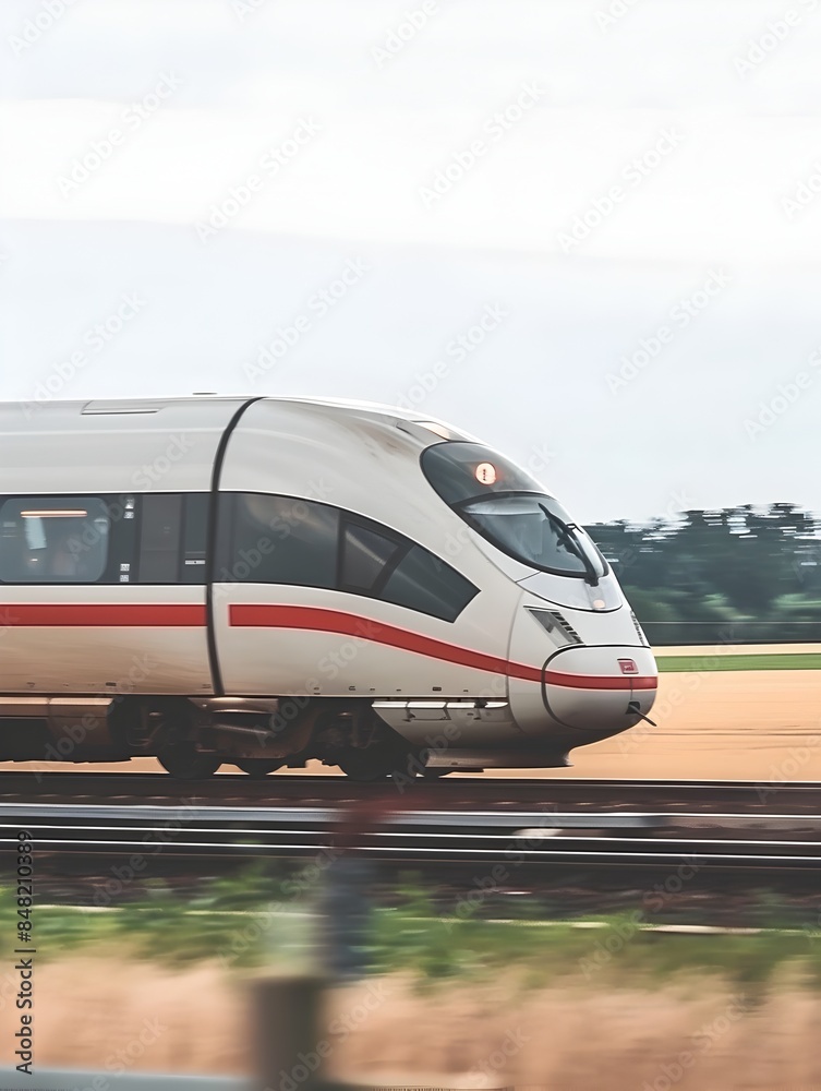 Fototapeta premium Sleek High Speed Train Traversing Blurred Rural Landscape
