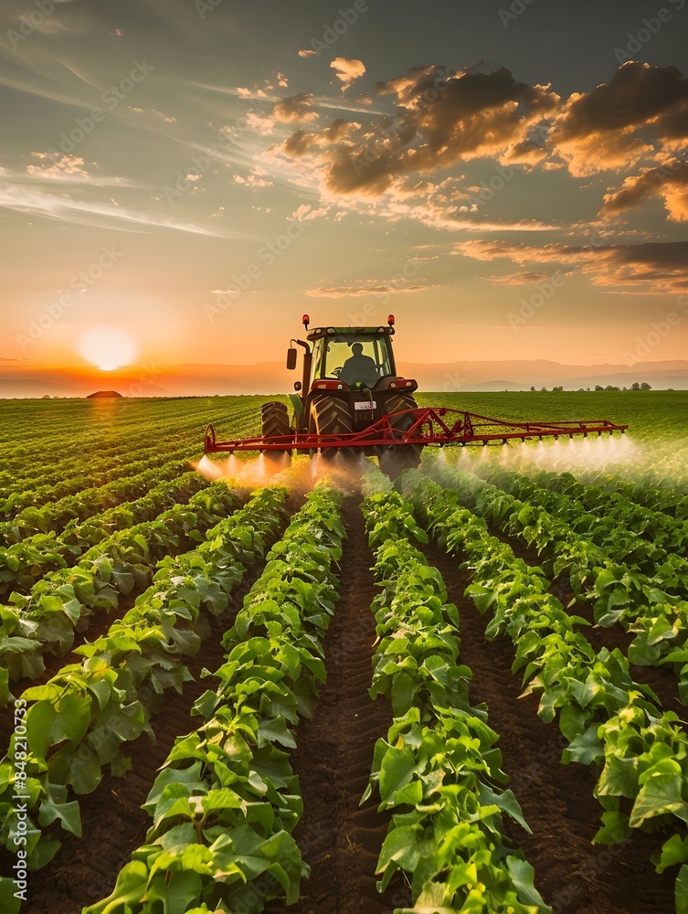 Tractor Plowing Green Field at Vibrant Sunset Landscape Tractor Plowing Green Field at Vibrant Sunset Landscape