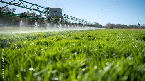 Automated Sprinkler System Watering Lush Green Farmland Landscape with Advanced Irrigation Technology photo