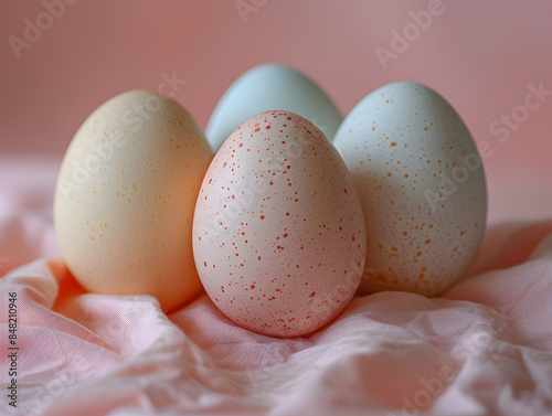 Colorful Speckled Easter Eggs on Soft Pink Fabric Background - Perfect for Spring and Holiday Themes