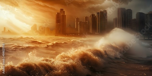 Coastal city defenses impacted by storm surge. Concept Storm Surge, Coastal Cities, Defense Systems, Impact Assessment, Natural Disasters © Ян Заболотний