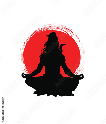 Hindu lord shiva in meditation with abstract red circle background  photo