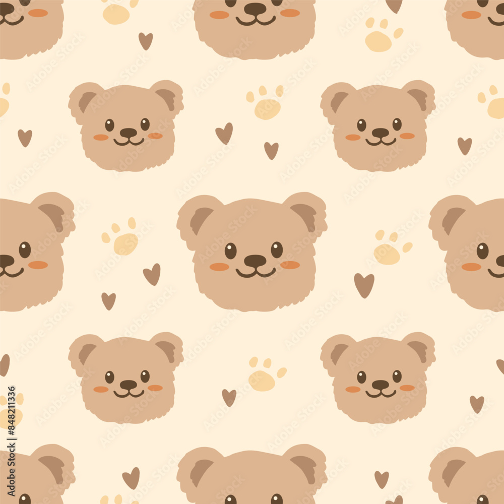 Cute smiling brown bear seamless pattern vector illustration.