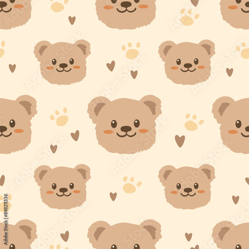 Cute smiling brown bear seamless pattern vector illustration.