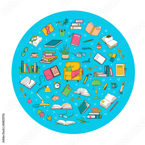Objects on reading topic in round composition
