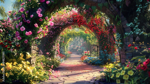 Flowering garden arch with colorful vines and blooms
