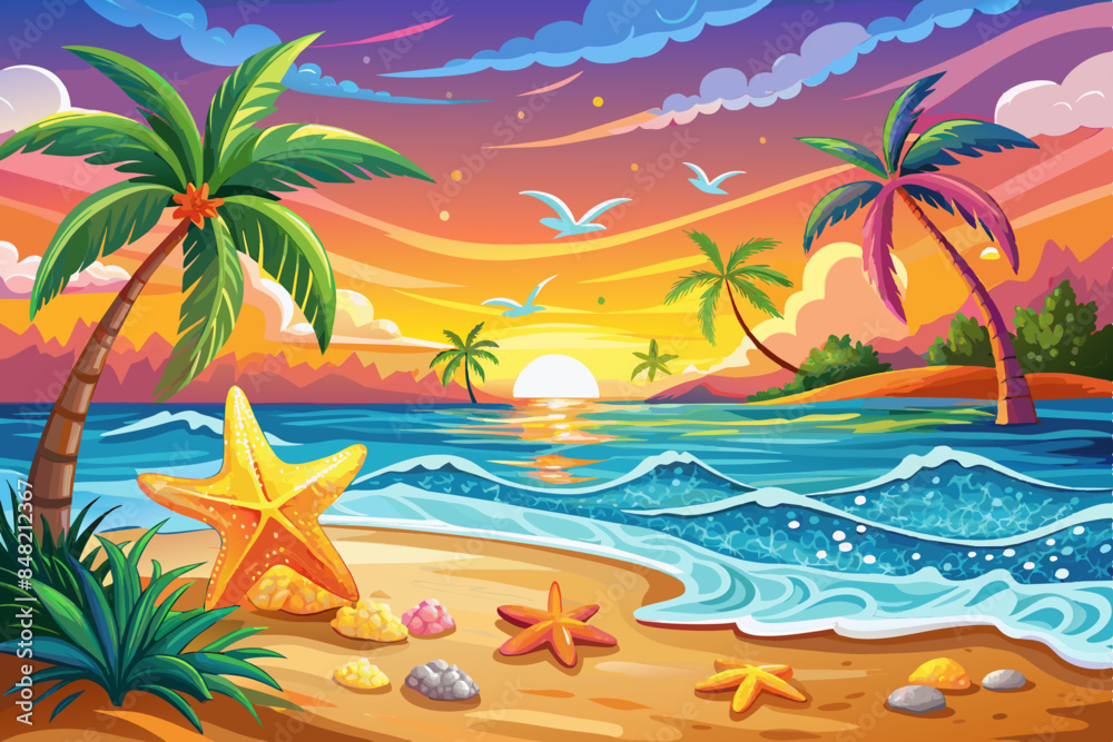 Fototapeta premium Tropical sunset beach scene with starfish and palm trees. Colorful beach sunset with starfish on the sand and waves. Sunset at a tropical beach with starfish and flying birds.