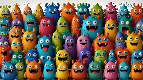 Collection of many cute and playful cartoon monsters isolated on white background.