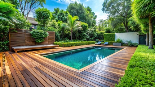 Luxurious swimming pool with wooden decking surrounded by lush greenery in a garden, luxury, home, swimming pool © wasana