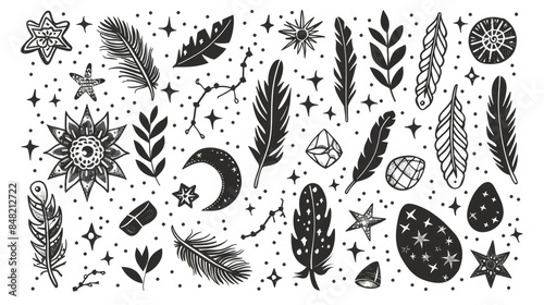Black line art doodle set in bohemian style with stars feathers and stones on a white background