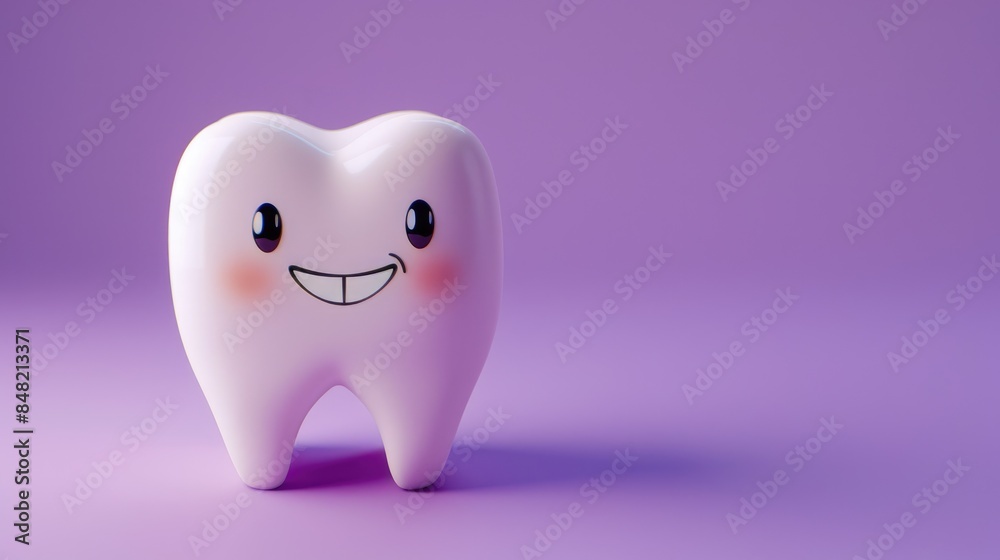 Cute white tooth on a purple background. The concept of healthy teeth. Dentistry. Cute white tooth on a purple background. The concept of healthy teeth. Dentistry.