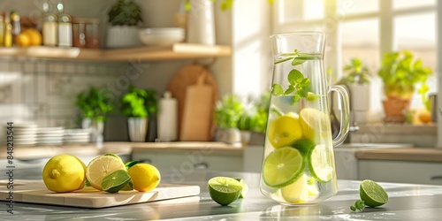 Refreshing lime and lemon beverage in a transparent decanter in a vibrant kitchen. Concept Refreshing Beverage, Citrus Drink, Transparent Decanter, Vibrant Kitchen, Lime and Lemon photo