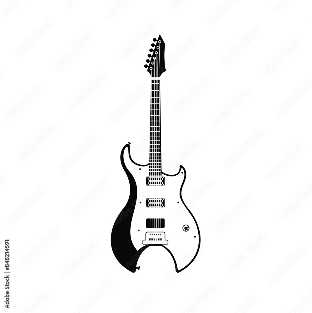 Stringed musical instrument logo illustration, electric guitar silhouette suitable for music stores and communities