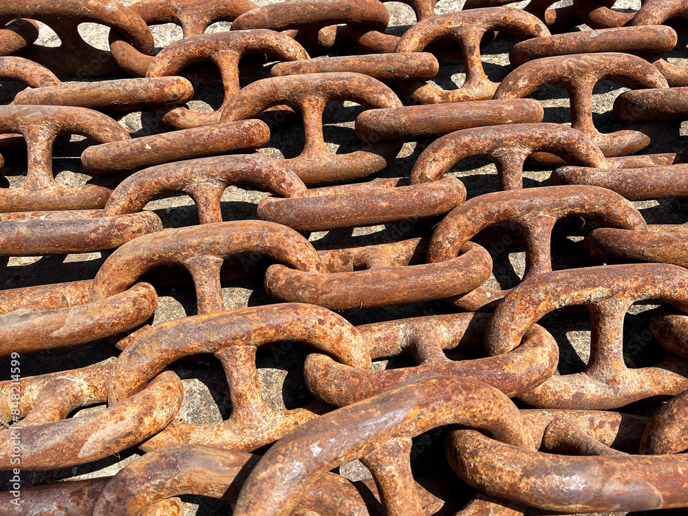 heavy rusty metal anchor chains, close-up, texture, background, top view heavy rusty metal anchor chains, close-up, texture, background, top view