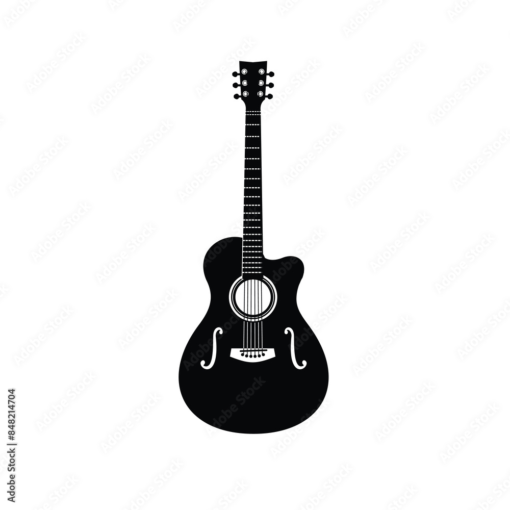 Fototapeta premium Stringed musical instrument logo illustration, acoustic guitar silhouette suitable for music stores and communities
