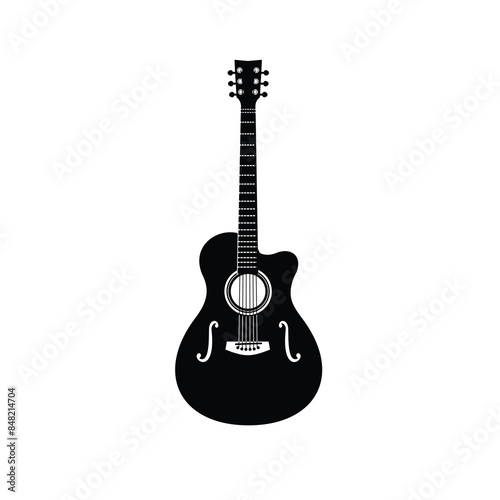 Stringed musical instrument logo illustration, acoustic guitar silhouette suitable for music stores and communities