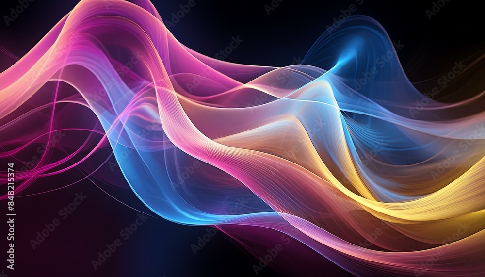 IIntricately flowing pink blue yellow waves on black background. Smooth curvy shape fluid background. Transparent smooth wave. Colored smoke whiffs and swirls. AI generative