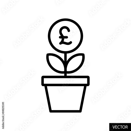 Plant with pound sterling symbol, return on investment, money tree, financial growth concept icon in line style design for website, app, isolated on white background. Editable stroke. Vector file.
