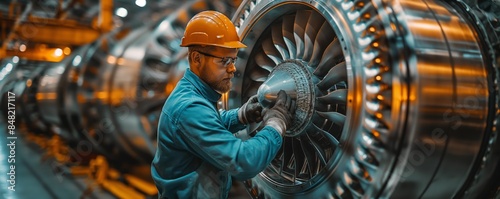 Engineer checking large turbine engine at factory