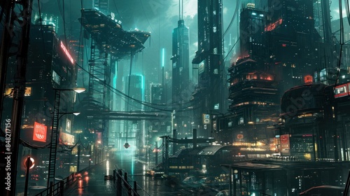 Fototapeta Naklejka Na Ścianę i Meble -  Close-up street view of a futuristic city cyberpunk.