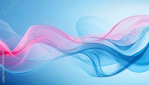 Intricately flowing pink blue waves on light blue background. Smooth curvy shape fluid background. Transparent smooth wave. Colored smoke whiffs and swirls