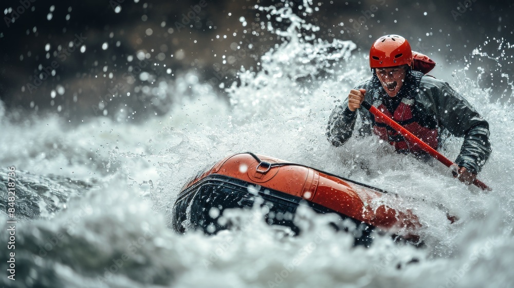 Fototapeta premium A female rafting in rapid water in rugged lands.