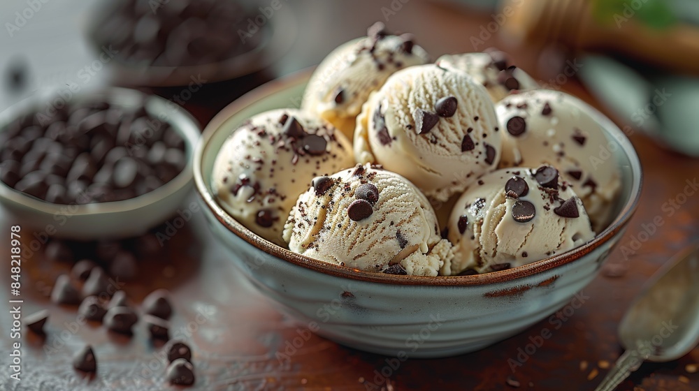 A bowl of vanilla ice cream with chocolate chips, in a closeup shot with a cozy kitchen background lit by natural light from a window creating warm tones A bowl of vanilla ice cream with chocolate chips, in a closeup shot with a cozy kitchen background lit by natural light from a window creating warm tones