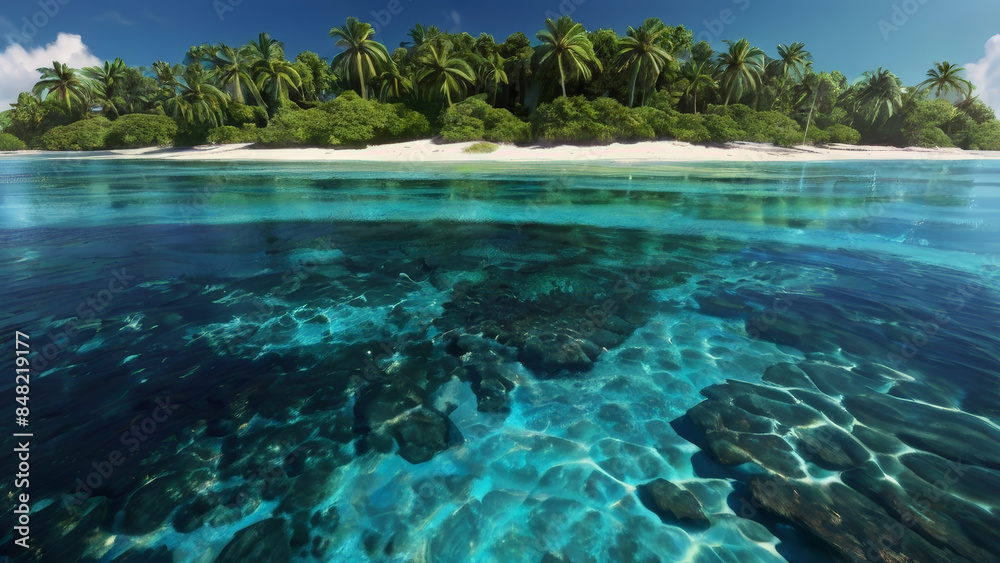 Fototapeta premium The allure of an enchanting tropical island with a mesmerizing glowing lagoon.