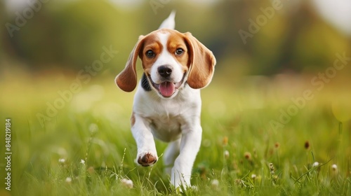 Adorable young beagle dog playing in the meadow © 2rogan