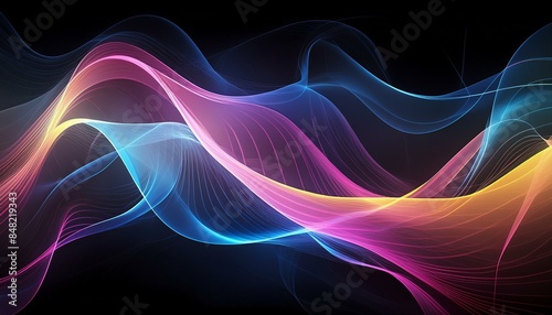 Intricately flowing pink blue yellow waves on black background. Smooth curvy shape fluid background. Transparent smooth wave. Colored smoke whiffs and swirls. AI generative © Juliane