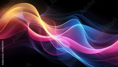 Intricately flowing pink blue yellow waves on black background. Smooth curvy shape fluid background. Transparent smooth wave. Colored smoke whiffs and swirls. AI generative