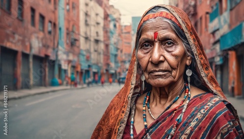 The people of India represent diverse cultural traditions. Close-up portrait photography of a cheerful mature woman, India.