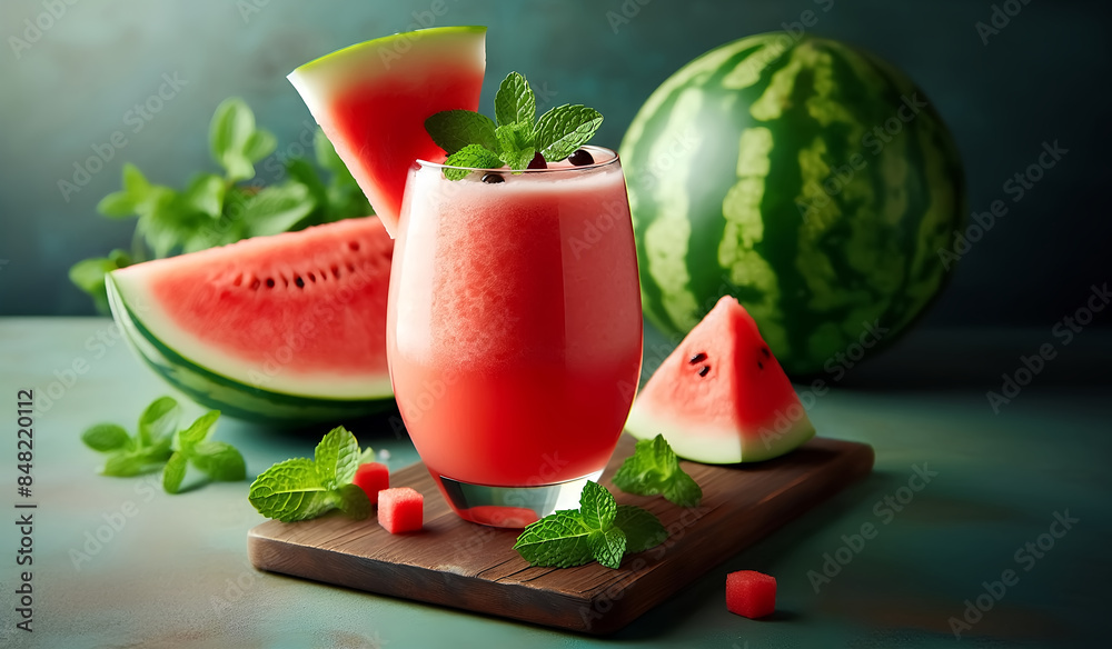 A glass of watermelon smoothie on a wooden table
A glass of watermelon smoothie on a wooden table