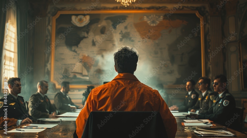 A serious meeting with an individual in an orange jumpsuit facing a group of uniformed officials in a conference room. A serious meeting with an individual in an orange jumpsuit facing a group of uniformed officials in a conference room.