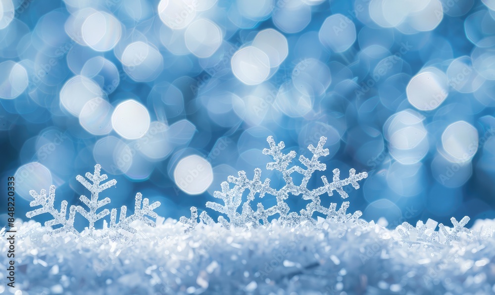Winter Wonderland with Falling Snowflakes and Bokeh Lights, Blue Background for Christmas or New Year