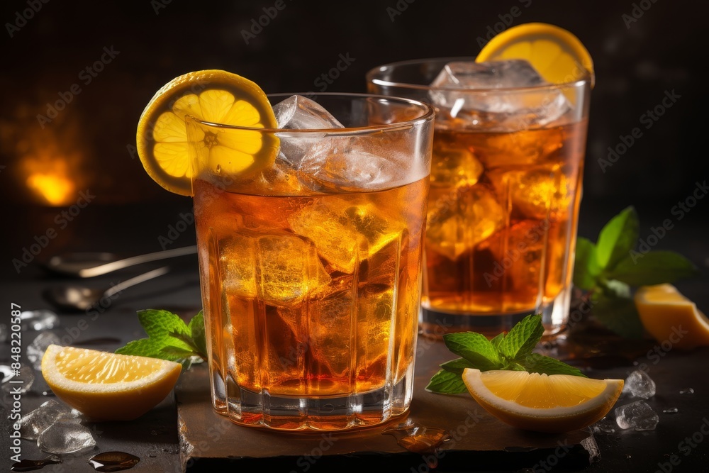 Two glasses of refreshing mint and lemon cocktails on a sophisticated black background Two glasses of refreshing mint and lemon cocktails on a sophisticated black background