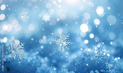 Winter Wonderland with Falling Snowflakes and Bokeh Lights, Blue Background for Christmas or New Year © RBGallery