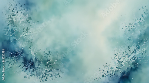 an ethereal, abstract watercolor painting with botanical motifs, featuring delicate floral elements in white and shades of blue, merging into a misty, dream-like background