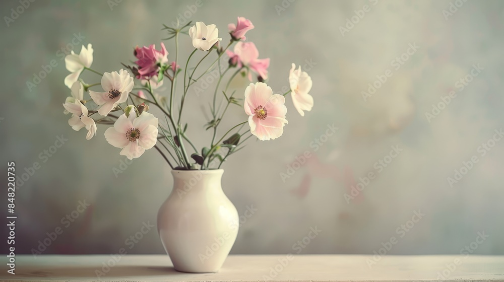 White ceramic vase with delicate pink and white floral arrangement on tabletop. White ceramic vase with delicate pink and white floral arrangement on tabletop.