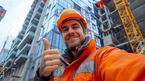 A construction worker giving a thumbs-up in front of a newly completed building.