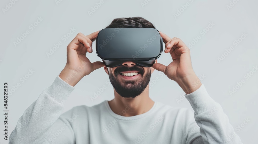 A young male wearing VR head set over plain background. A young male wearing VR head set over plain background.