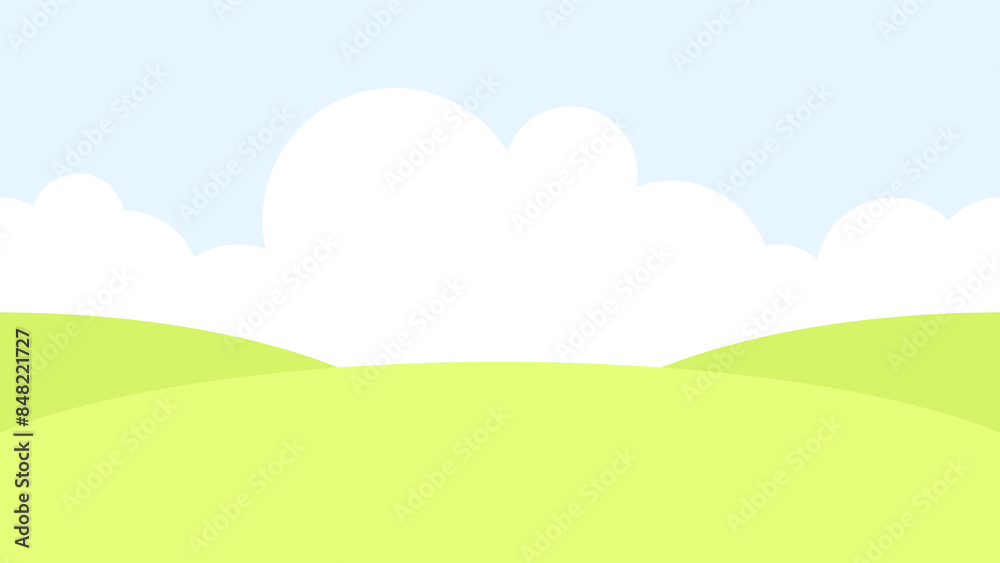 Spring and summer landscape of green field and sky with clouds seamless border Spring and summer landscape of green field and sky with clouds seamless border