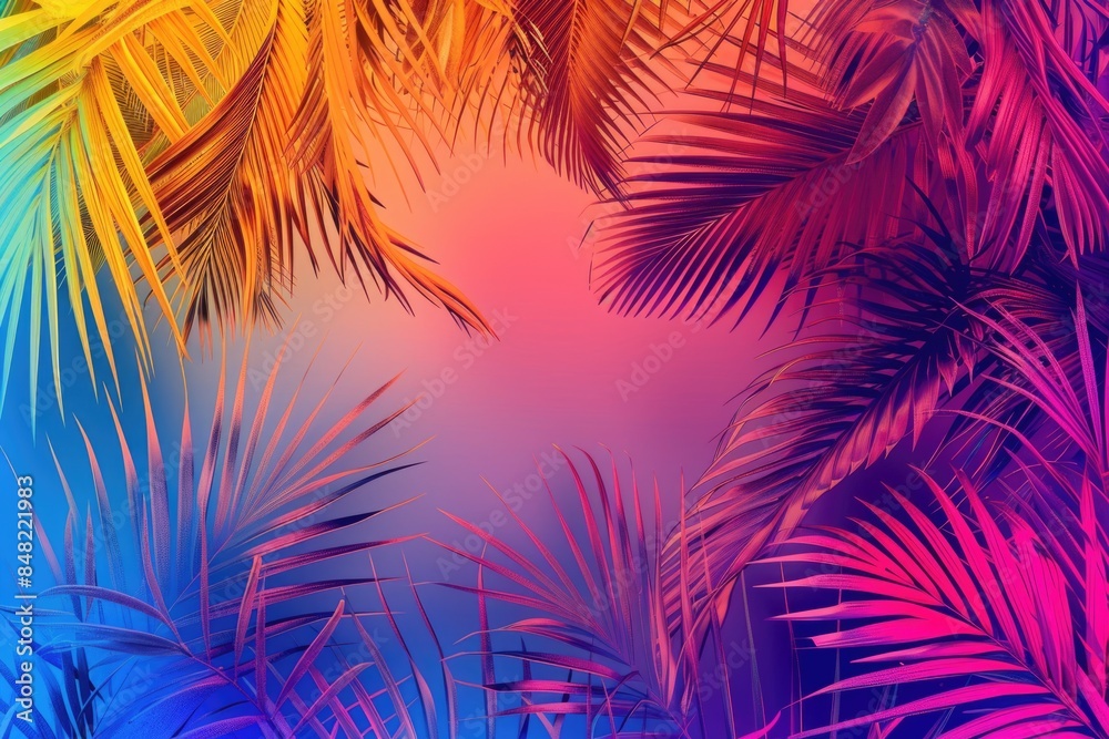 Vibrant holographic tropical leaves in surreal concept art. Vibrant holographic tropical leaves in surreal concept art.